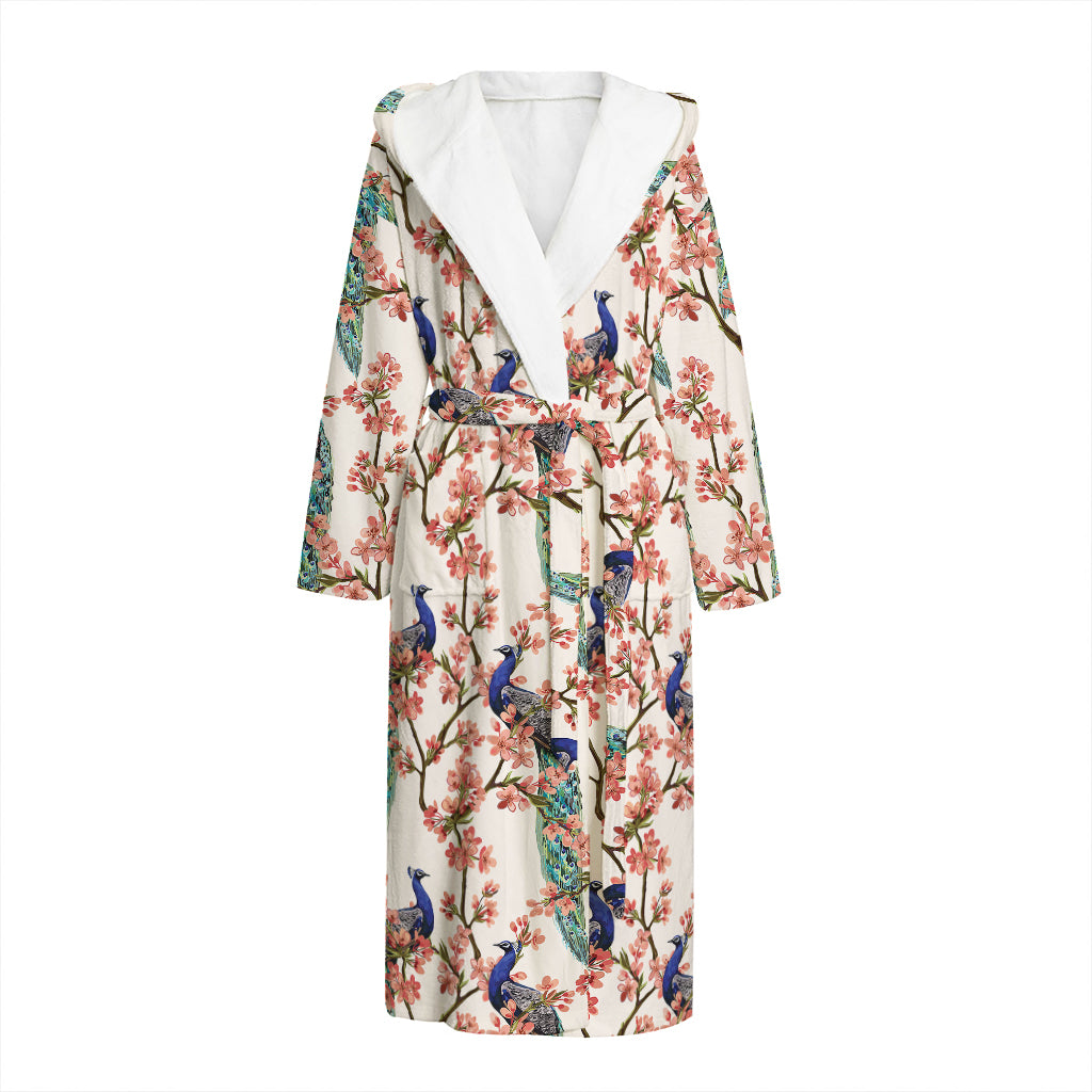 Cherry Blossom Peacock Print Hooded Bathrobe