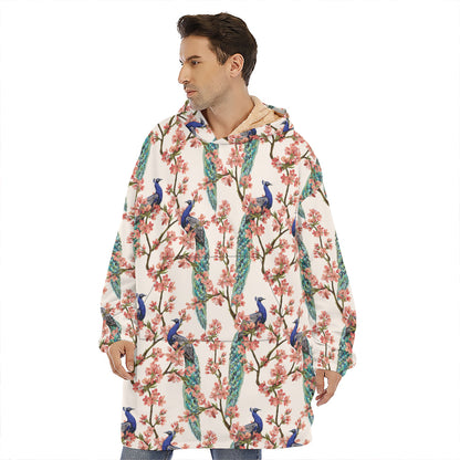 Cherry Blossom Peacock Print Hoodie Blanket