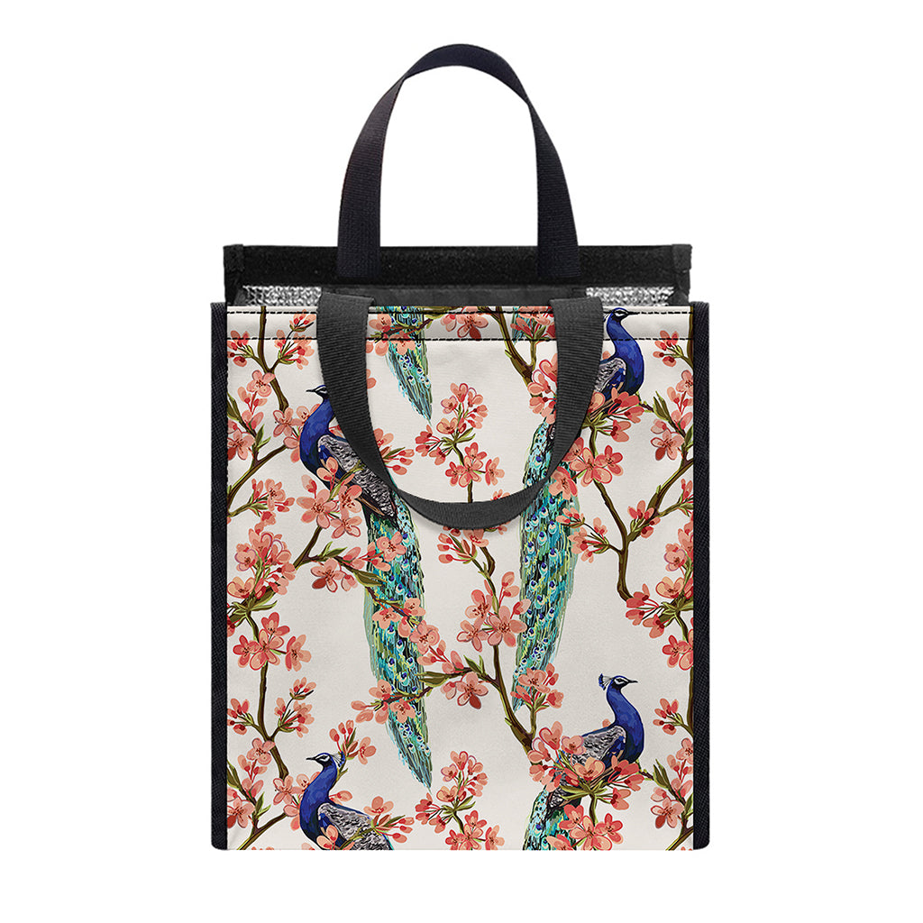 Cherry Blossom Peacock Print Insulated Lunch Tote