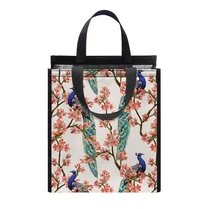 Cherry Blossom Peacock Print Insulated Lunch Tote