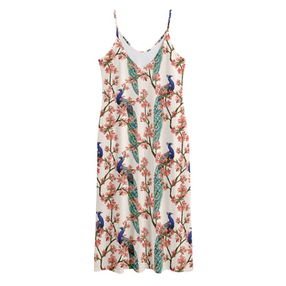 Cherry Blossom Peacock Print Jersey Midi Cami Dress
