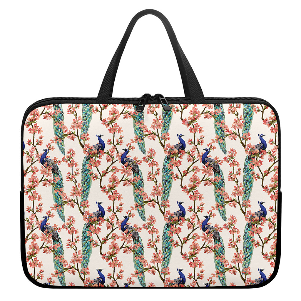 Cherry Blossom Peacock Print Laptop Sleeve With Handle