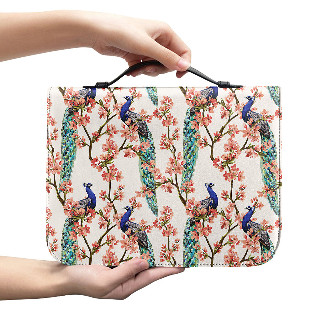 Cherry Blossom Peacock Print Leather Bible Cover