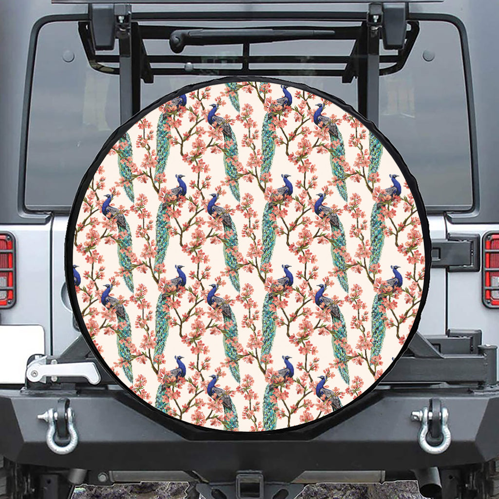 Cherry Blossom Peacock Print Leather Spare Tire Cover