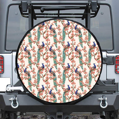 Cherry Blossom Peacock Print Leather Spare Tire Cover