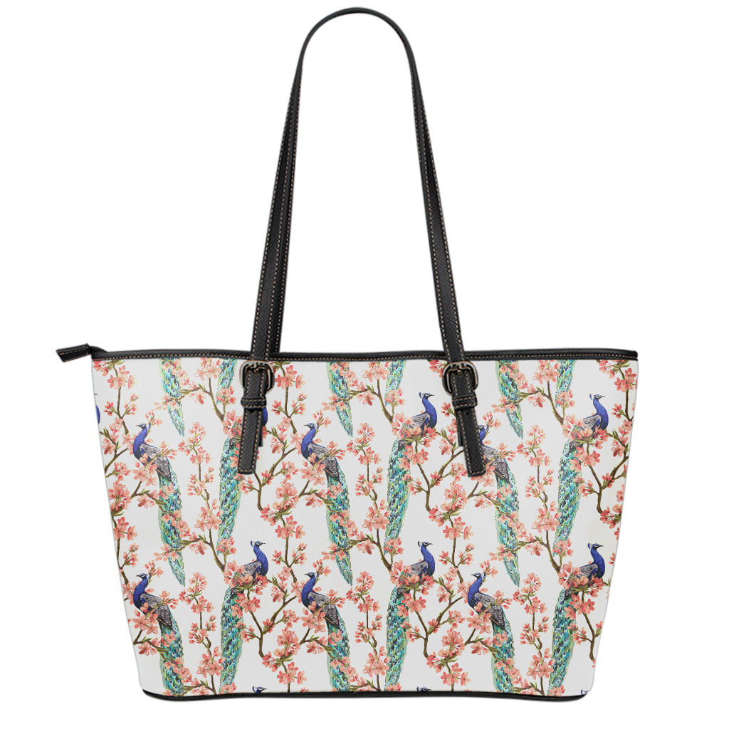 Cherry Blossom Peacock Print Leather Tote Bag