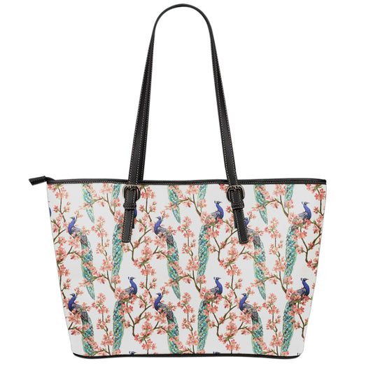 Cherry Blossom Peacock Print Leather Tote Bag