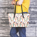 Cherry Blossom Peacock Print Leather Tote Bag