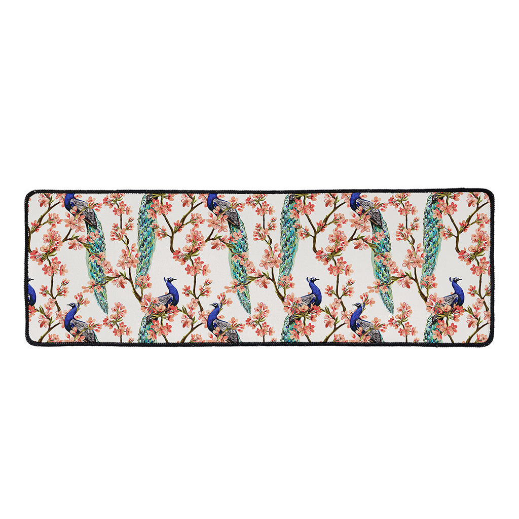 Cherry Blossom Peacock Print Long Kitchen Mat