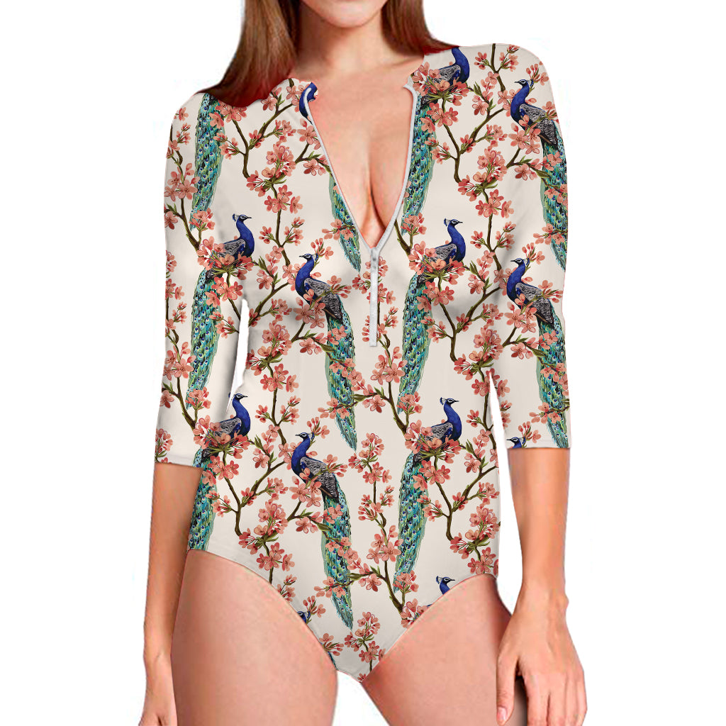 Cherry Blossom Peacock Print Long Sleeve Swimsuit