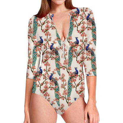 Cherry Blossom Peacock Print Long Sleeve Swimsuit