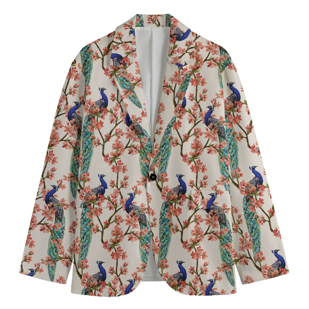 Cherry Blossom Peacock Print Men's Blazer