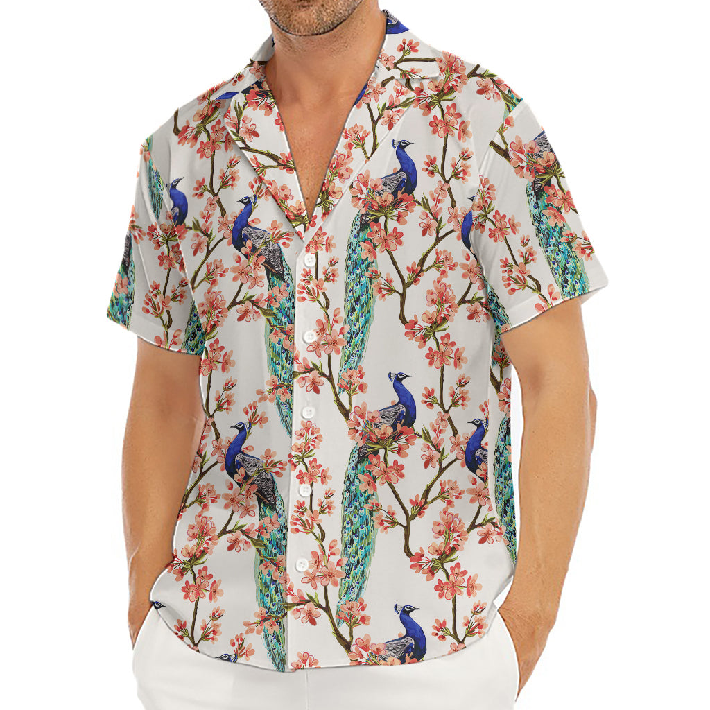 Cherry Blossom Peacock Print Men's Deep V-Neck Shirt