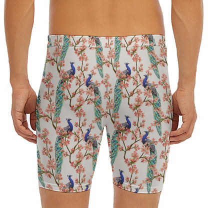 Cherry Blossom Peacock Print Men's Long Boxer Briefs