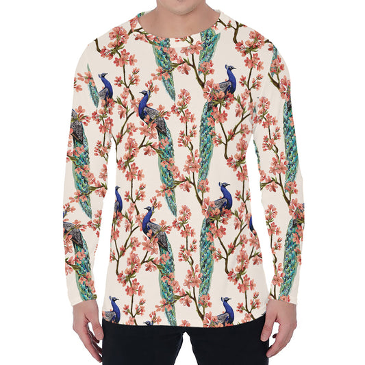 Cherry Blossom Peacock Print Men's Long Sleeve T-Shirt