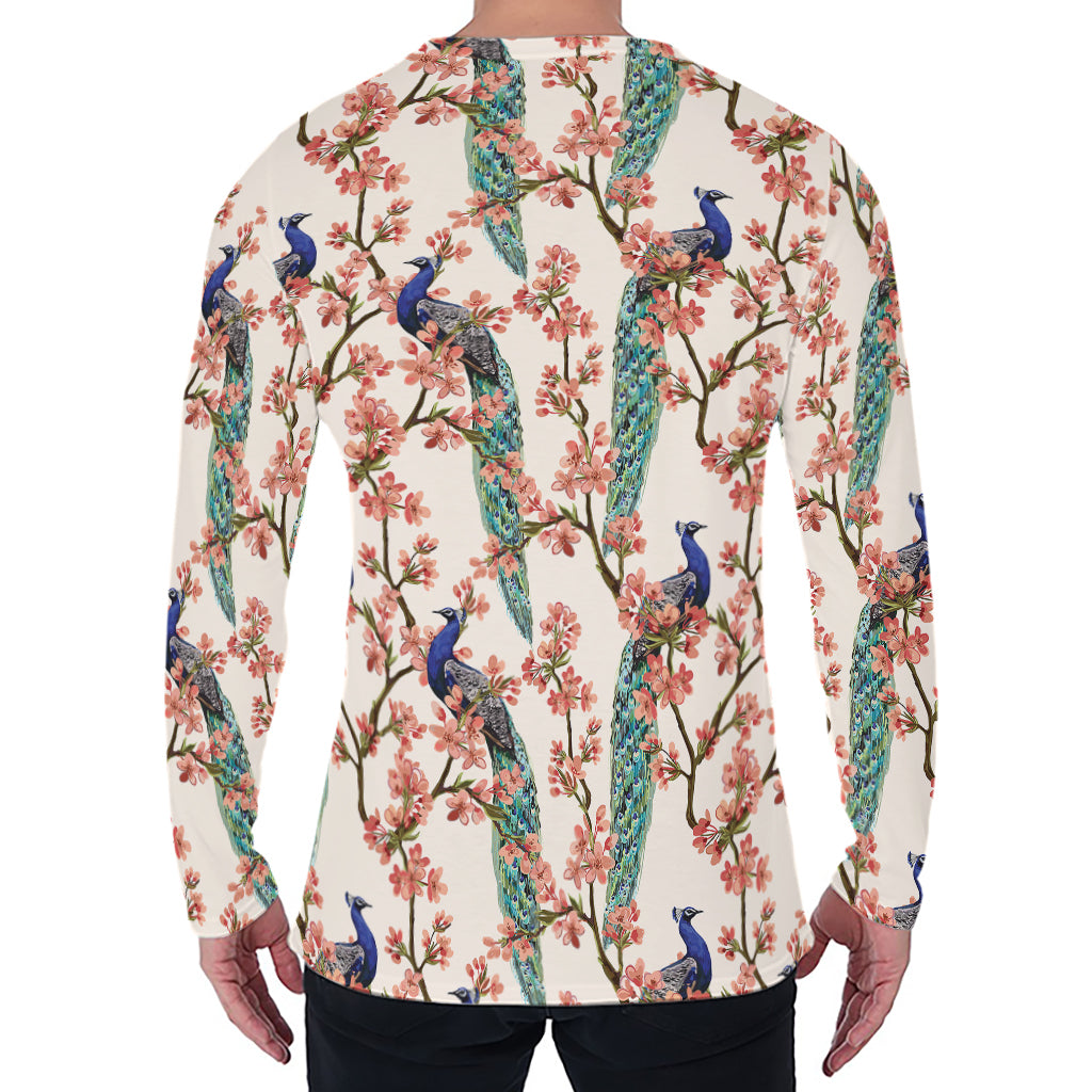 Cherry Blossom Peacock Print Men's Long Sleeve T-Shirt
