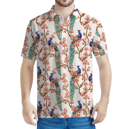 Cherry Blossom Peacock Print Men's Polo Shirt