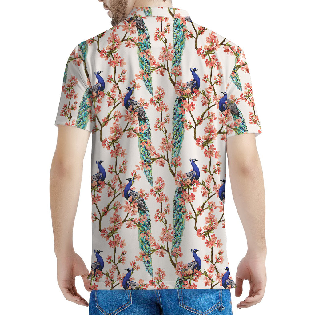 Cherry Blossom Peacock Print Men's Polo Shirt