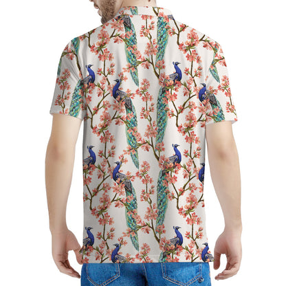 Cherry Blossom Peacock Print Men's Polo Shirt