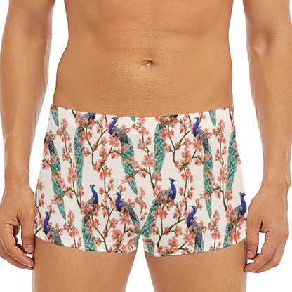 Cherry Blossom Peacock Print Men's Short Boxer Briefs