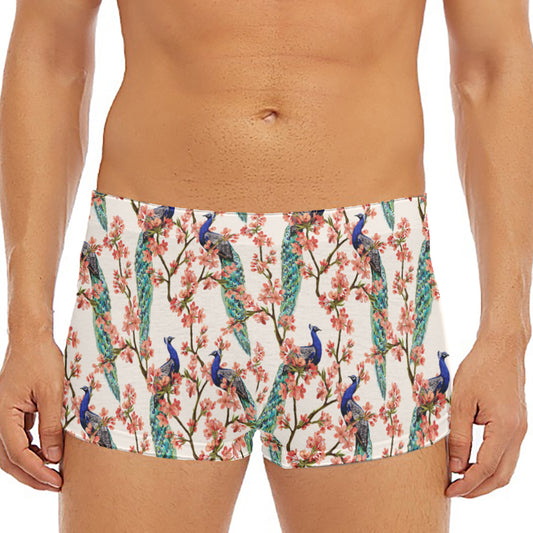 Cherry Blossom Peacock Print Men's Short Boxer Briefs