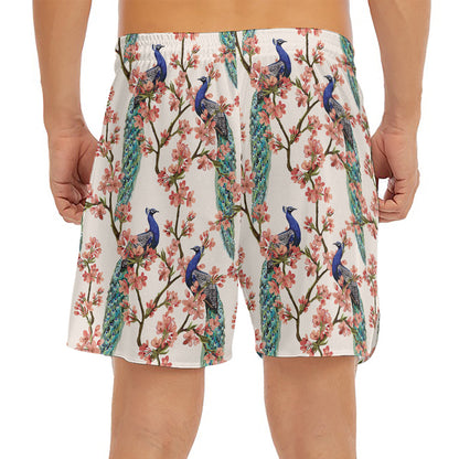 Cherry Blossom Peacock Print Men's Split Running Shorts