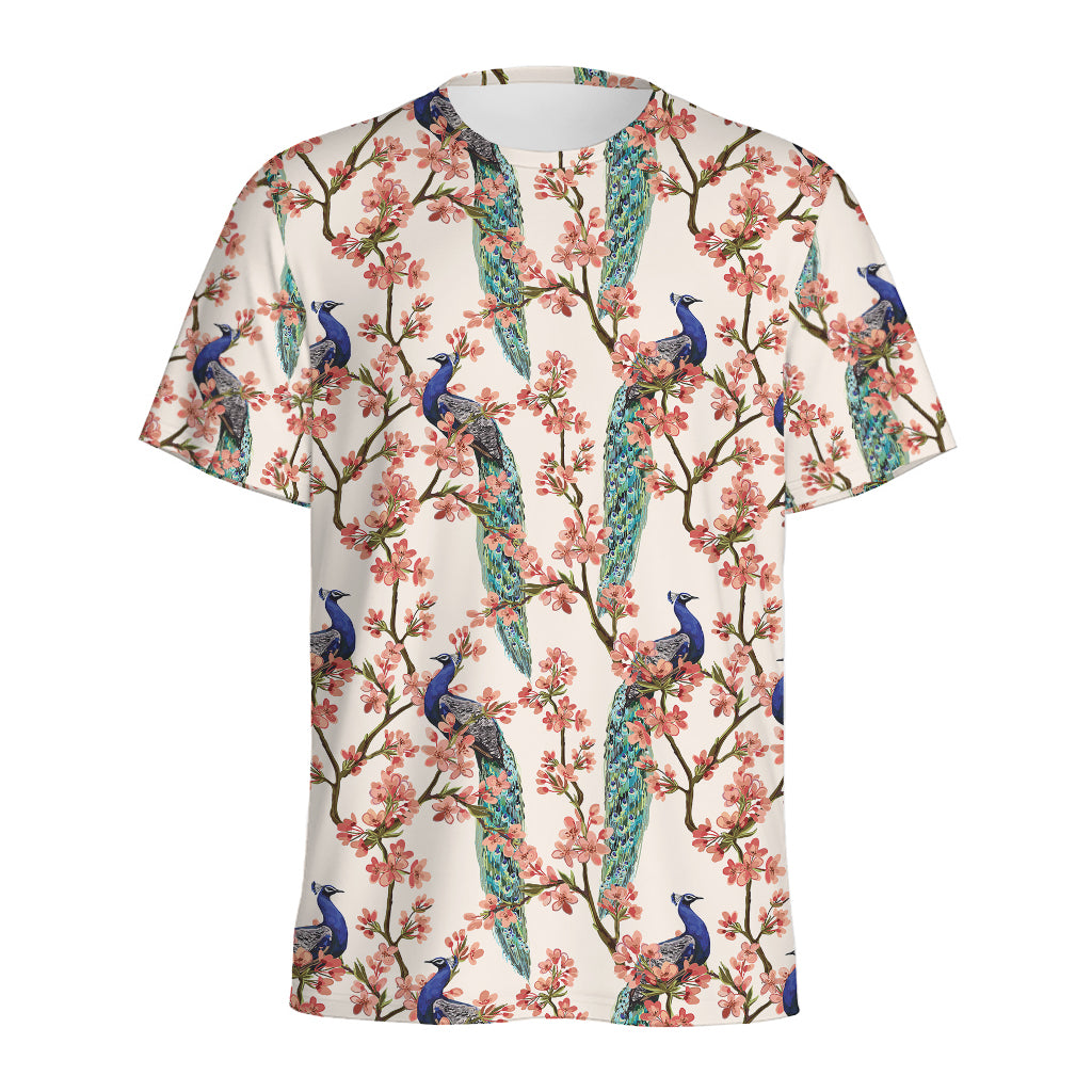 Cherry Blossom Peacock Print Men's Sports T-Shirt
