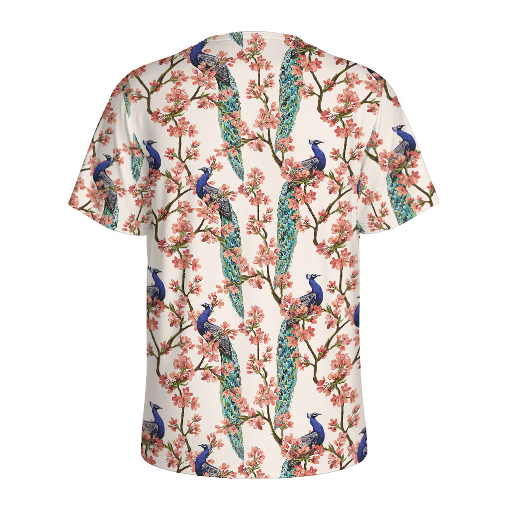 Cherry Blossom Peacock Print Men's Sports T-Shirt