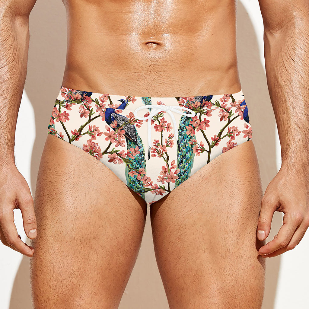 Cherry Blossom Peacock Print Men's Swim Briefs