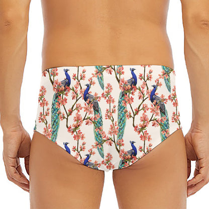 Cherry Blossom Peacock Print Men's Triangle Swim Briefs
