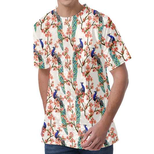 Cherry Blossom Peacock Print Men's Velvet T-Shirt