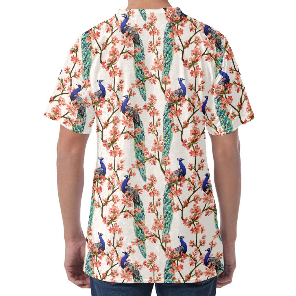 Cherry Blossom Peacock Print Men's Velvet T-Shirt