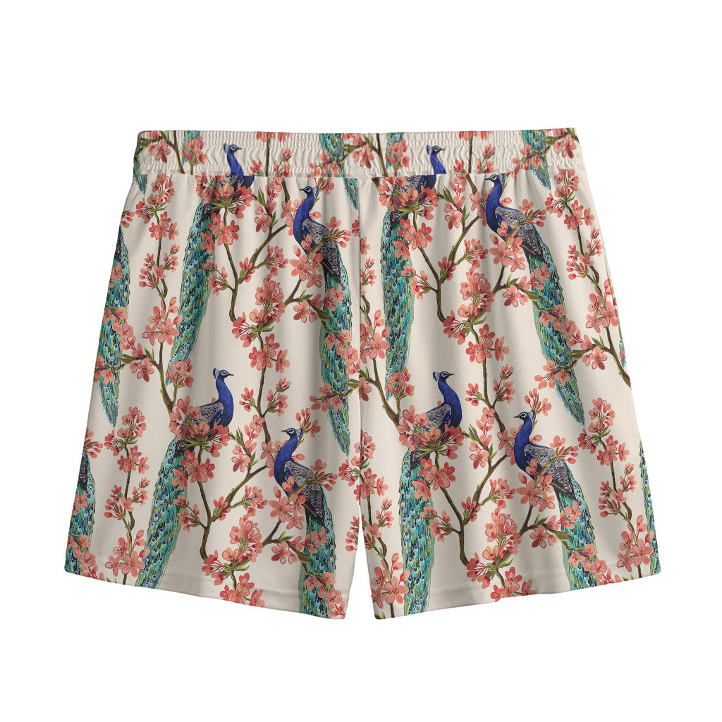 Cherry Blossom Peacock Print Mesh Shorts