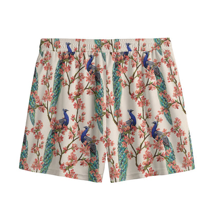 Cherry Blossom Peacock Print Mesh Shorts