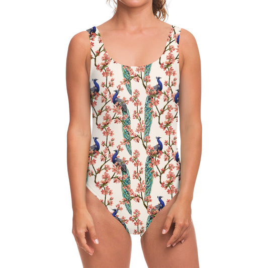 Cherry Blossom Peacock Print One Piece Swimsuit