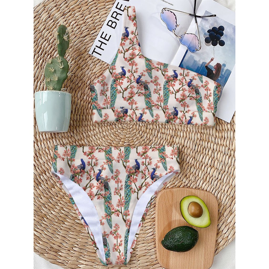 Cherry Blossom Peacock Print One Shoulder Bikini Top