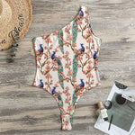 Cherry Blossom Peacock Print One Shoulder Bodysuit