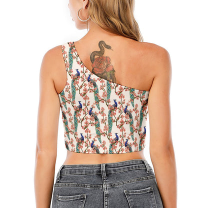 Cherry Blossom Peacock Print One Shoulder Crop Top