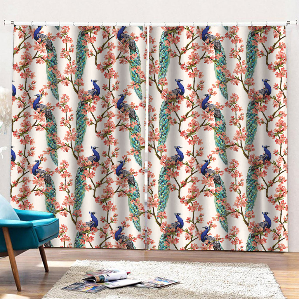 Cherry Blossom Peacock Print Pencil Pleat Curtains