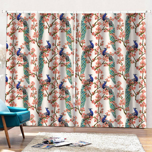 Cherry Blossom Peacock Print Pencil Pleat Curtains