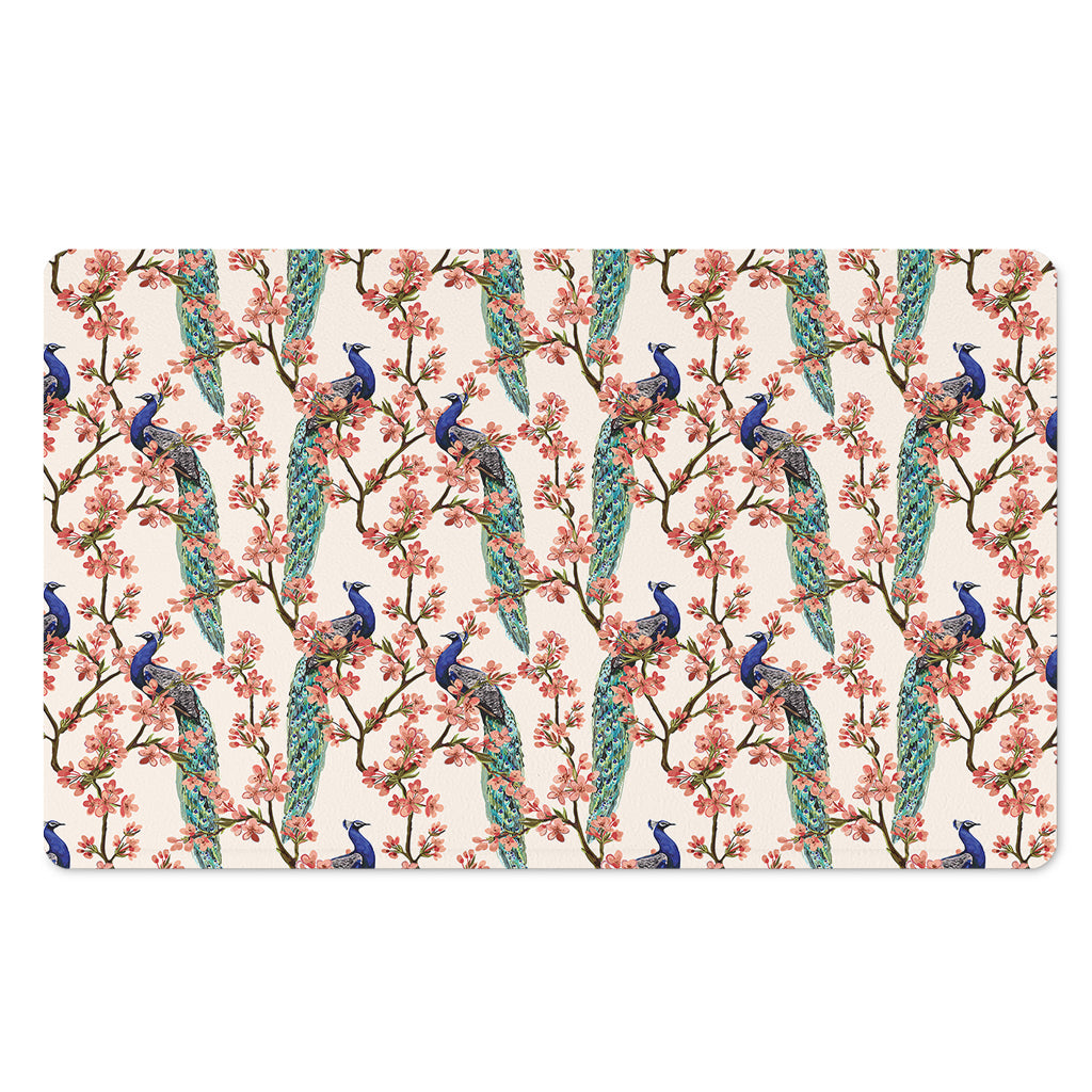 Cherry Blossom Peacock Print Polyester Doormat