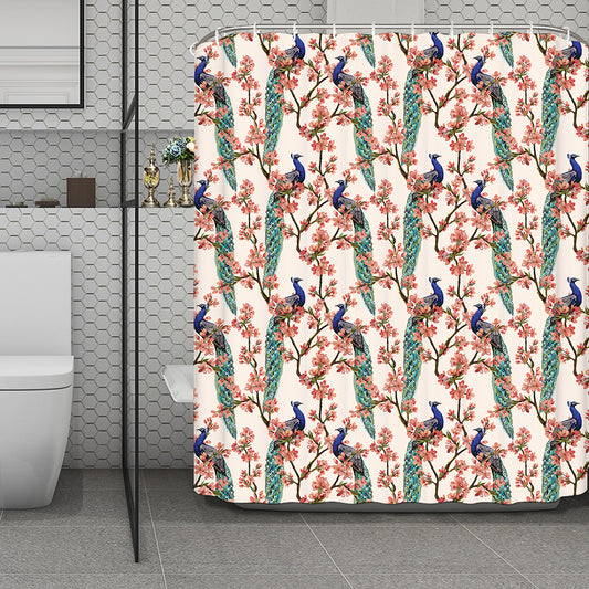 Cherry Blossom Peacock Print Polyester Shower Curtain