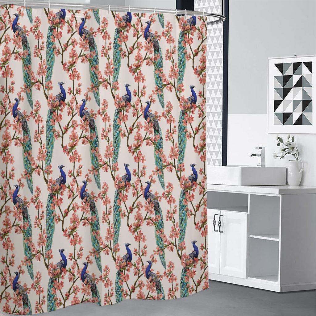 Cherry Blossom Peacock Print Premium Shower Curtain