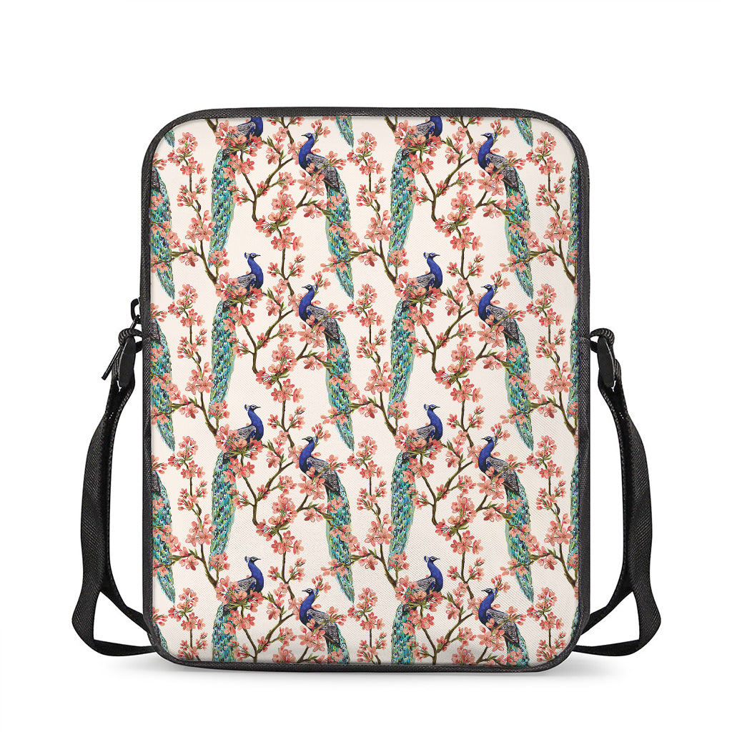 Cherry Blossom Peacock Print Rectangular Crossbody Bag