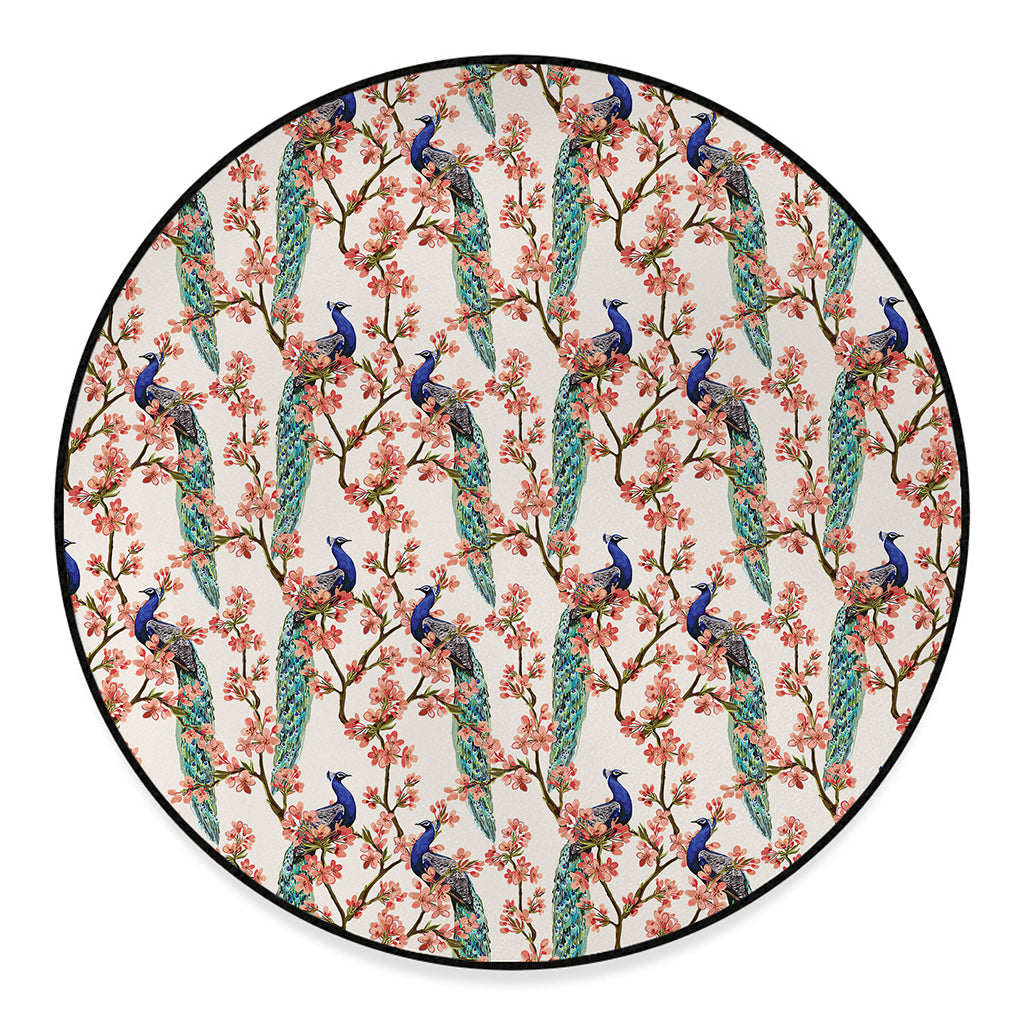 Cherry Blossom Peacock Print Round Floor Mat