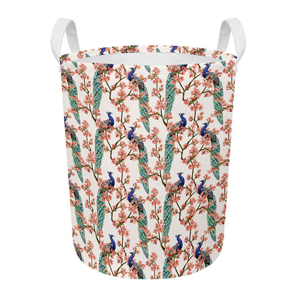Cherry Blossom Peacock Print Round Laundry Basket