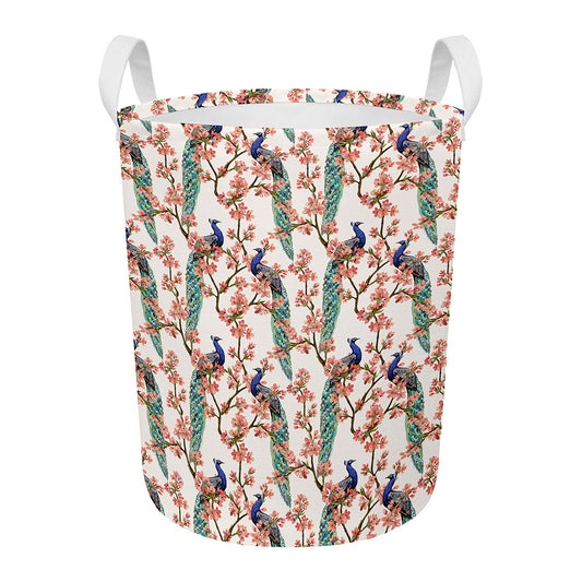 Cherry Blossom Peacock Print Round Laundry Basket