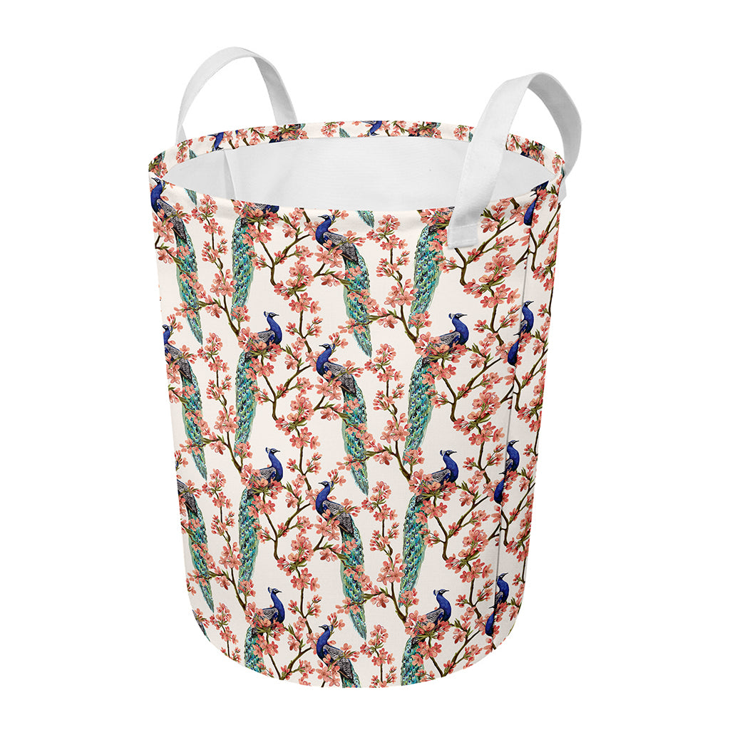 Cherry Blossom Peacock Print Round Laundry Basket