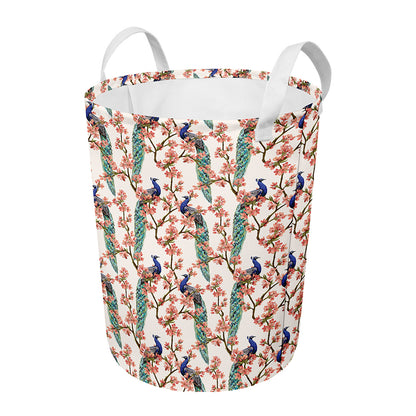 Cherry Blossom Peacock Print Round Laundry Basket