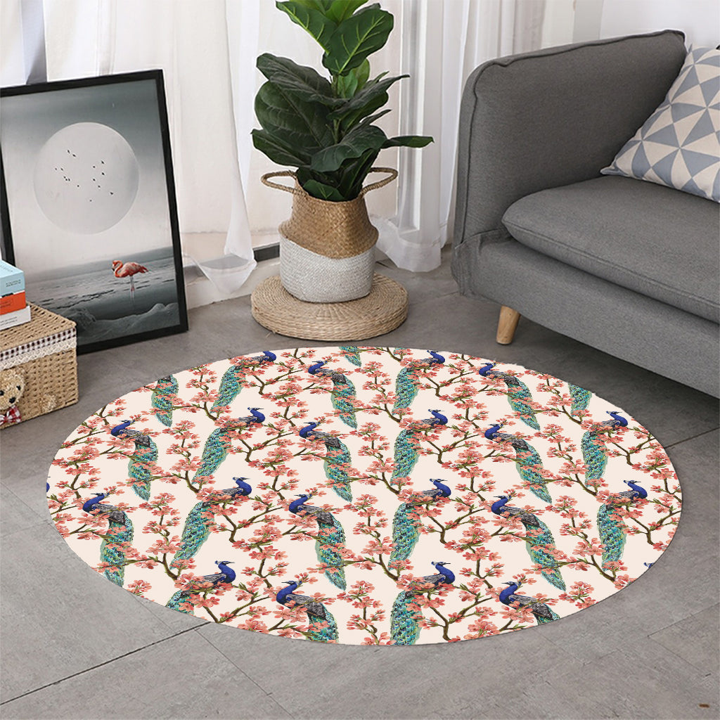 Cherry Blossom Peacock Print Round Rug